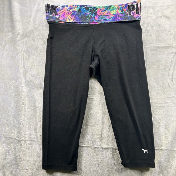 PINK Victoria's Secret Sz L Bling Tie-dye Fold Over Waist Capris Leggings Y2K - Picture 1 of 4